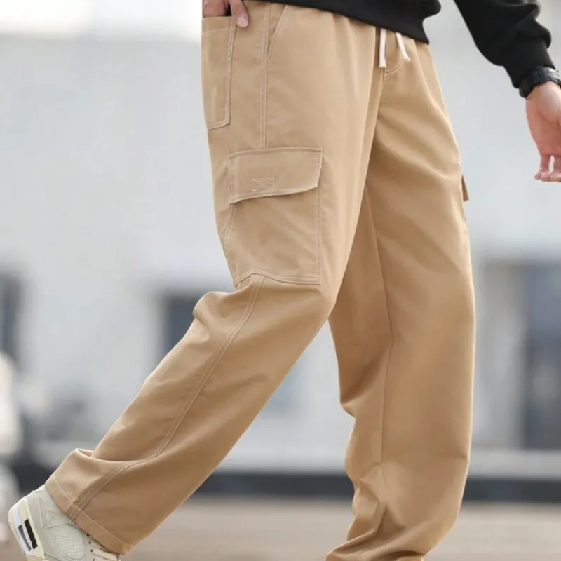 Manfinity Homme Pantalones cargo casuales para hombres con cintura con cordón y costura de contraste