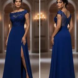 MIUSOL Vestido largo de fiesta/boda para invitados con cuello de barco, encaje floral, contraste de gasa y volantes