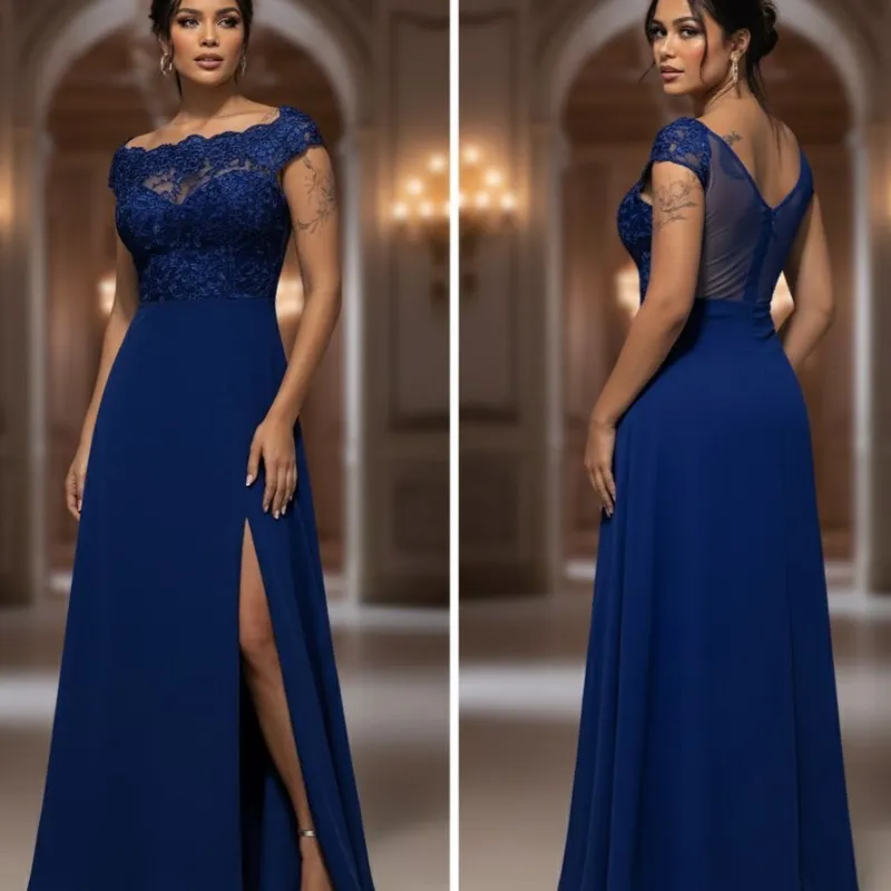 MIUSOL Vestido largo de fiesta/boda para invitados con cuello de barco, encaje floral, contraste de gasa y volantes