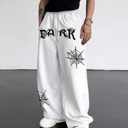  Pantalones jogger con cordón en la cintura con estampado de letras y telaraña para hombres, para rave, emo, estilo de los 2000