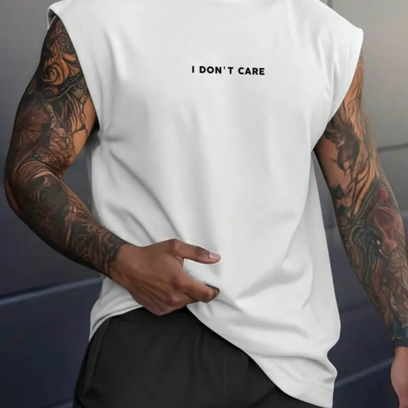 Parte superior holgada casual sin mangas con estampado de letras para hombres, gráfico de verano 100% algodón