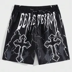 ROMWE MEN Goth Shorts para hombres con diseño gráfico de cruz, cintura con cordón, estilo de fútbol