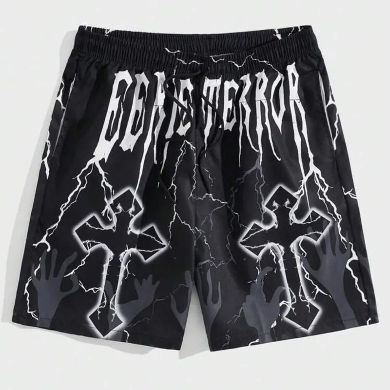 ROMWE MEN Goth Shorts para hombres con diseño gráfico de cruz, cintura con cordón, estilo de fútbol