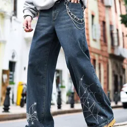 ROMWE MEN Jeans casuales para hombre con bolsillos y patrón de telaraña de rhinestone 