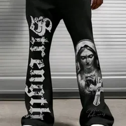 ROMWE MEN Street Life Pantalones con cordón, bolsillo y gráfico con letras y retrato para hombres