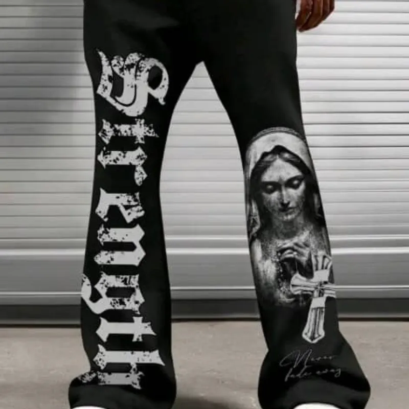 ROMWE MEN Street Life Pantalones con cordón, bolsillo y gráfico con letras y retrato para hombres