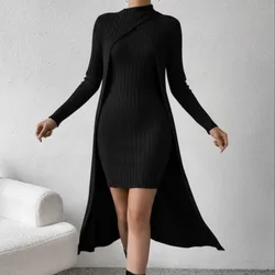 Set de 2 piezas: Chaleco de punto con parte delantera cruzada de manga larga y vestido corto, casual para otoño/invierno