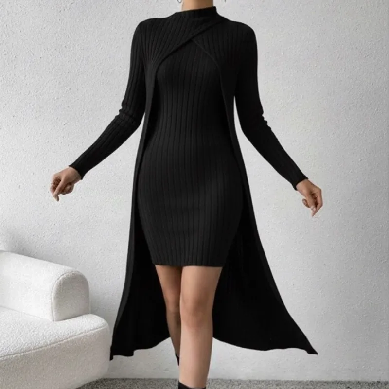 Set de 2 piezas: Chaleco de punto con parte delantera cruzada de manga larga y vestido corto, casual para otoño/invierno