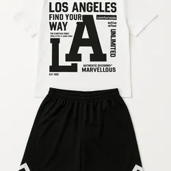 Set de 2 piezas para adolescentes varones, camiseta de manga corta casual y pantalones cortos, estilo de vestimenta callejera, punk rock, escolar, para uso diario, fiestas, festivales de música, adecuado para primavera y verano, blanco con estampado en inglés blanco oversize