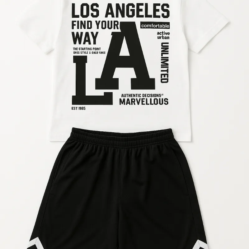 Set de 2 piezas para adolescentes varones, camiseta de manga corta casual y pantalones cortos, estilo de vestimenta callejera, punk rock, escolar, para uso diario, fiestas, festivales de música, adecuado para primavera y verano, blanco con estampado en inglés blanco oversize