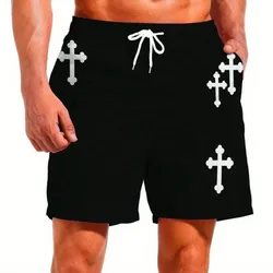 SHEIN 1 pieza Shorts sueltos y casuales con estampado de cruz y cordón en la cintura para adolescente, ropa de verano/primavera para chicos adolescentes, chaquetas de primavera para volver al colegio