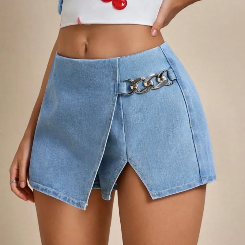 -SHEIN EZwear Pantalones cortos de verano de mujer de mezclilla azul 