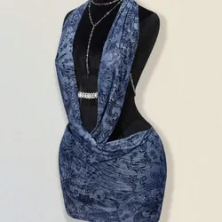  Vestido ajustado con cuello en V profundo, espalda descubierta y bajo irregular con estampado de leopardo sexy para mujer