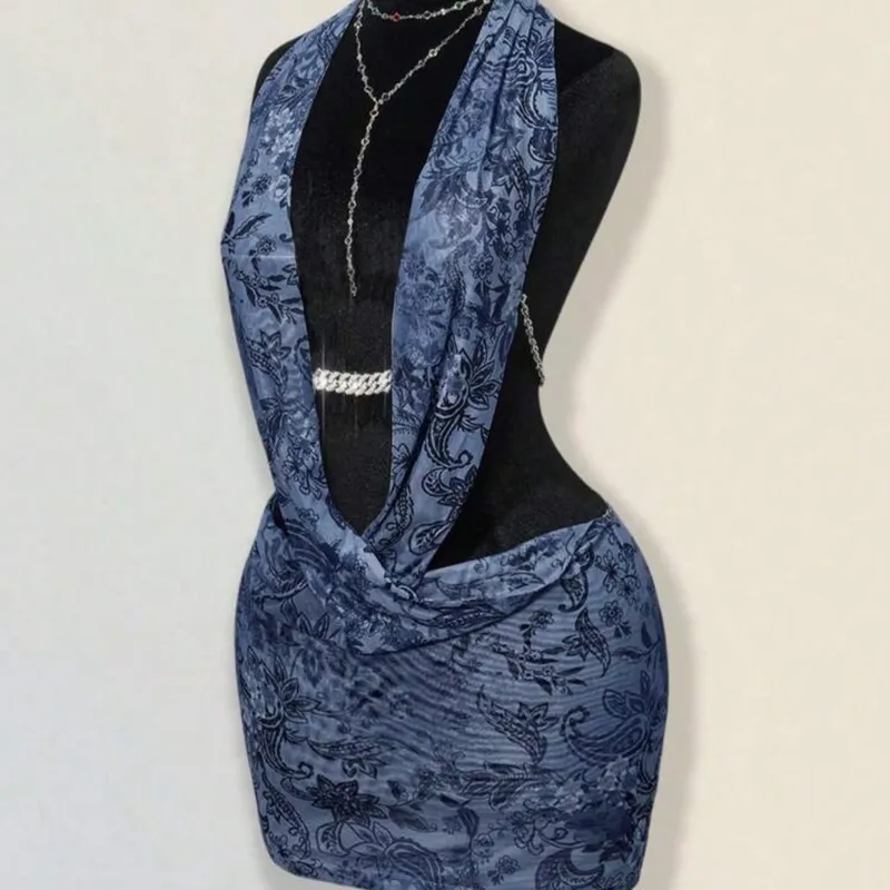  Vestido ajustado con cuello en V profundo, espalda descubierta y bajo irregular con estampado de leopardo sexy para mujer