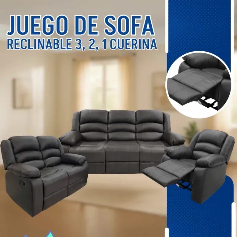 Juego de sofa reclinable 3, 2, 1 cuerina gris