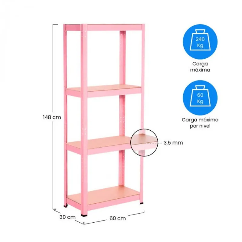 Estantería rosa de 4 baldas ajustables 