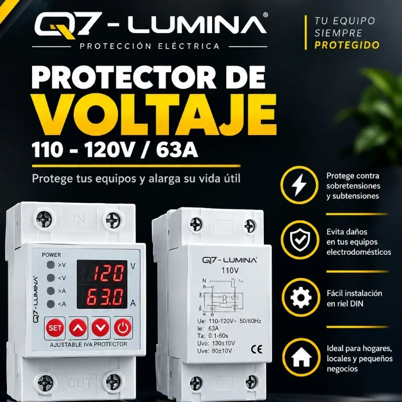 ⚡ PROTECTOR DE VOLTAJE Q7-LUMINA — 110–120V / 63A ⚡ Protege tus casa y equipos eléctricos frente a variaciones de voltaje y ayuda a evitar daños.