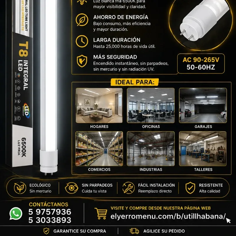 TUBO DE LUZ LED INTEGRAL T8 Q7 -LUMINA 10 W 🔆6500K+.BASE