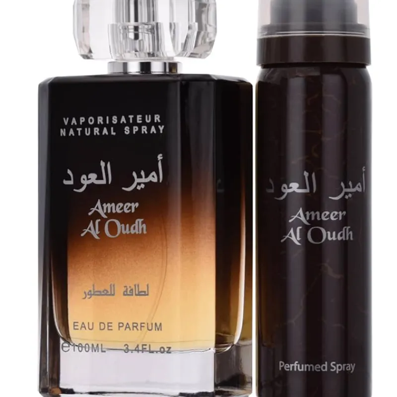 Lattafa Ameer Al Oudh Juego de 2 piezas unisex (3.4 onzas Eau de Parfum Spray + 1.7 onzas desodorante en aerosol)