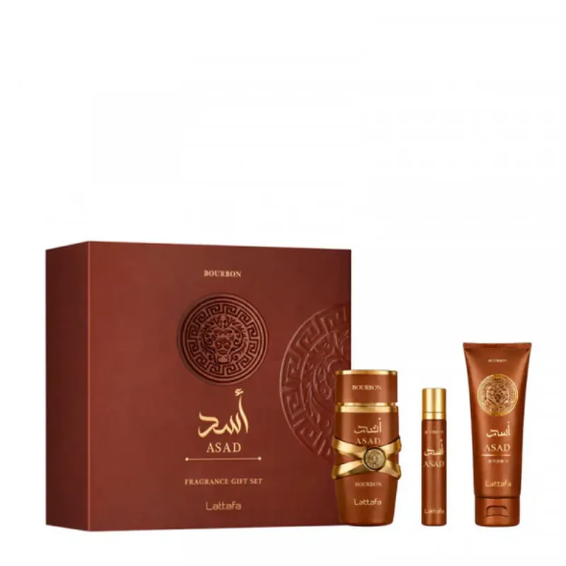 LATTAFA ASAD BOURBON 3 PCS GIFTSET WITH 100ML EDP + 12ML TRAVEL SPRAY + 100ML SHOWER GEL
