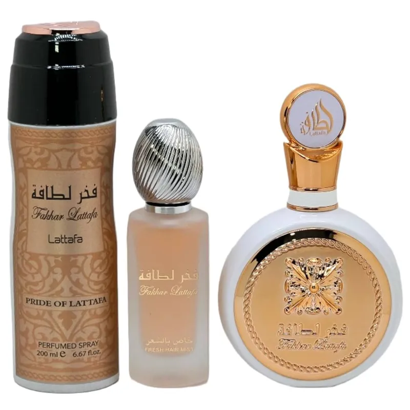 Lattafa Fakhar - Juego de 3 piezas para mujer (3.4 onzas Eau de Parfum en espray + 1.7 onzas de niebla para el cabello + 6.7 oz desodorante en aerosol)