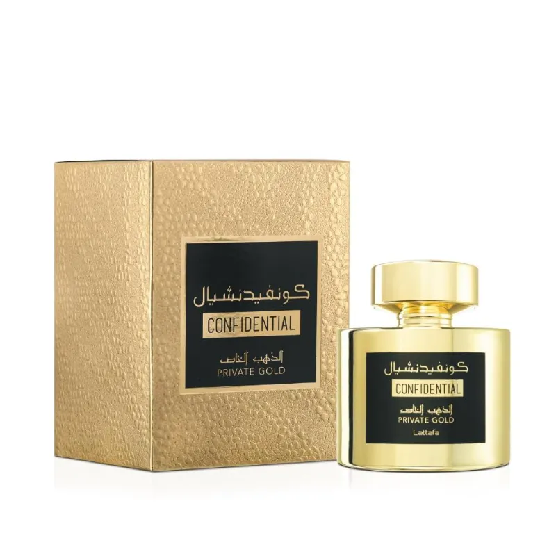 Lattafa Perfumes Confidencial Private Gold para Eau de Parfum Spray Unisex, 3.4 onzas