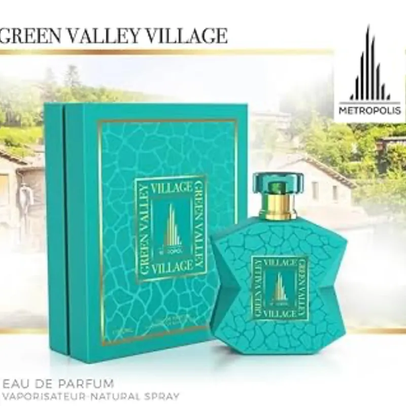 Metropolis Green Valley Village Eau De Parfum Unisex 3.4 fl oz 3.4 oz – Fragancia original de Dubái – Con notas superiores de litchi, cassis y mandarina naranja