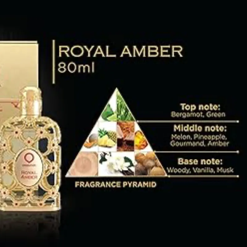 Orientica Colección de Lujo Royal Amber Eau De Parfum - Bergamota, melón, piña, afrutado, gourmand, ámbar, amaderado, vainilla, almizcle - Perfume árabe para mujer y hombre - 2.7 oz / 80 ml