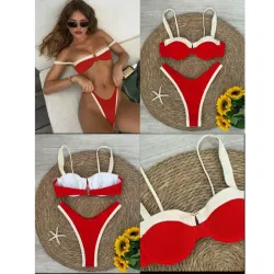 Bikini rojo con bordes beige