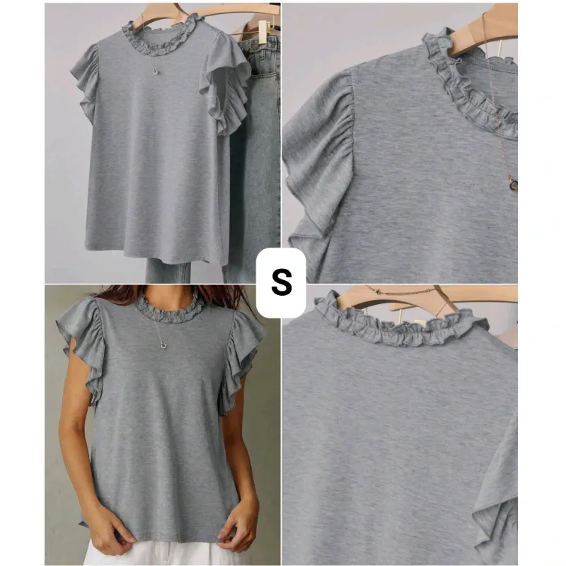 Blusa gris de vuelos en mangas y cuello, talla S