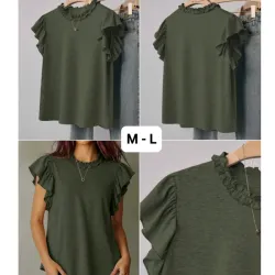 Blusa verde aceituna con vuelos en las mangas y cuello
