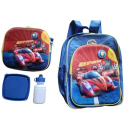 Mochila azul de carro con lonchera