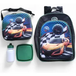 Mochila negra de carro con lonchera