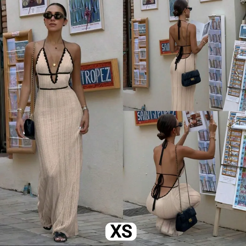 Vestido beige de punto y cordón negro XS