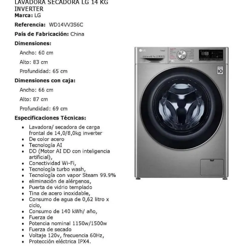 Lavadora con secado a vapor LG 14 kg 