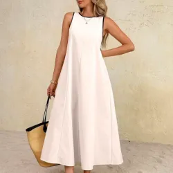 Vestido ancho beige de bordes negros