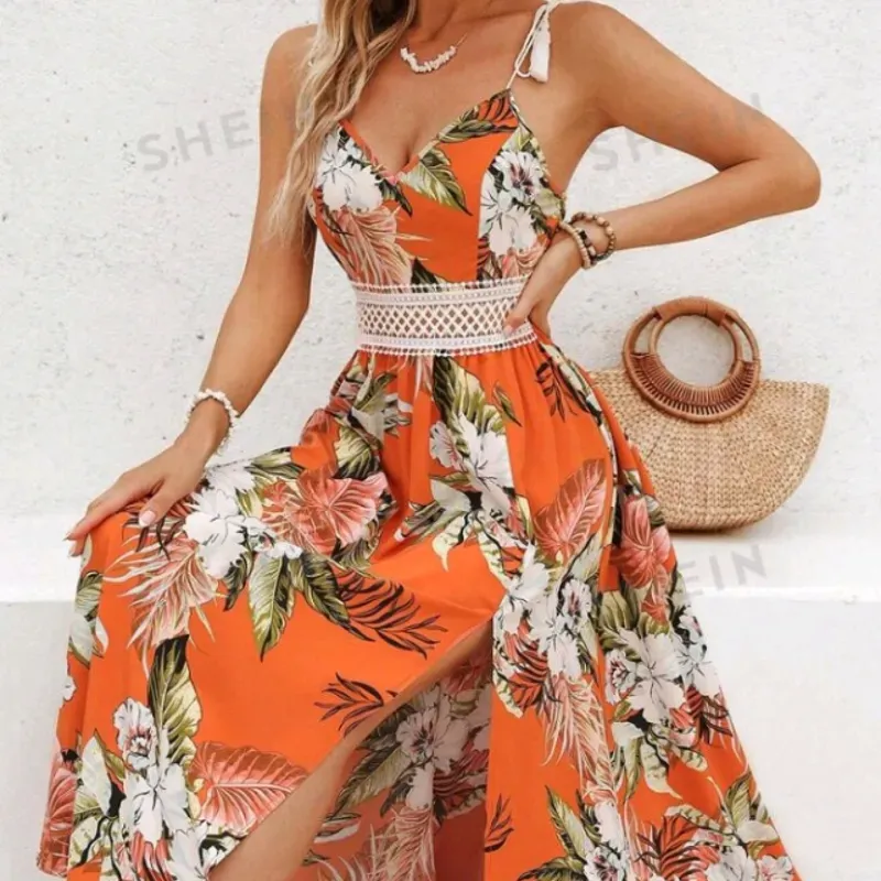 0003 Vestido Largo De Encaje Para Mujer Con Diseño De Flores Y Parches Para Verano, Ideal Para Vacaciones En La Playa