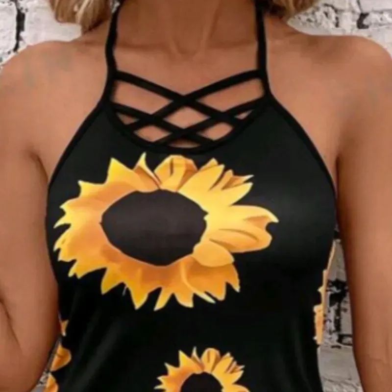 0007 Vestido de verano de mujeres con estampado de girasol cruzado en el cuello halter con corbata para unas vacaciones casuales