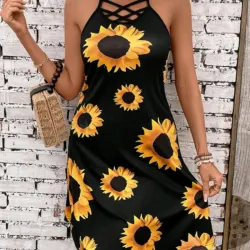 0007 Vestido de verano de mujeres con estampado de girasol cruzado en el cuello halter con corbata para unas vacaciones casuales