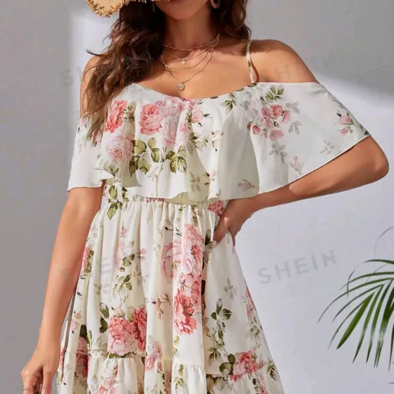 0015 Vestido con estampado floral de hombros descubiertos bajo con fruncido