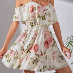 0015 Vestido con estampado floral de hombros descubiertos bajo con fruncido