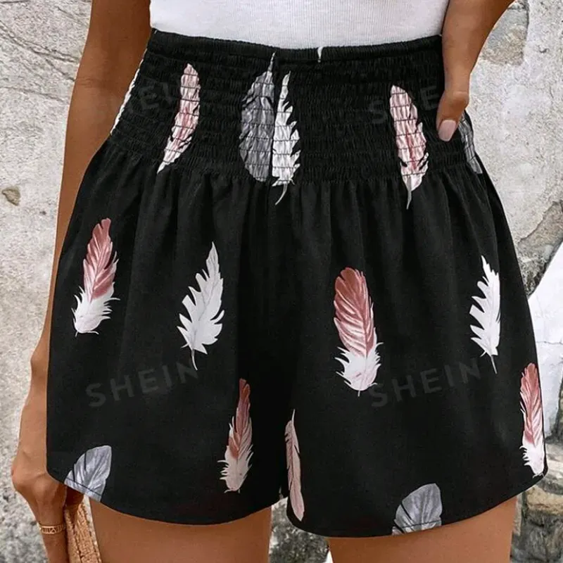 0021 Shorts con estampado de pluma de cintura elástica