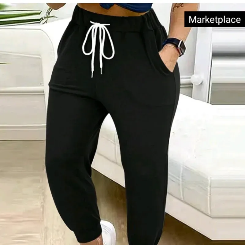 0024 Pantalones largos casuales para uso diario con cintura ajustable y cordón, y bolsillos