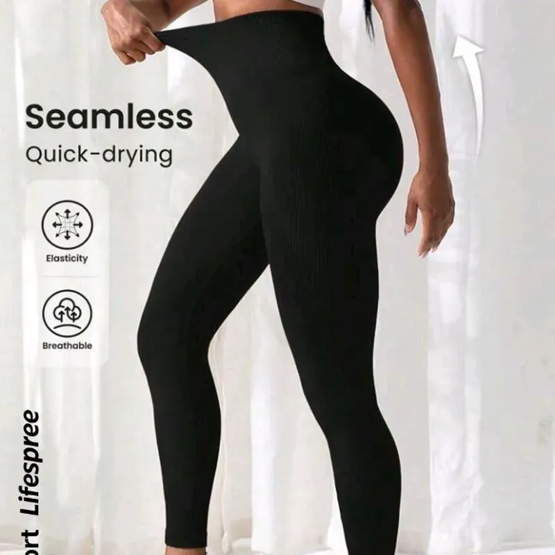 0029 Sport Lifespree Pantalones De Yoga Sin Costuras Acanalados Con Control De Barriga Y Cinturilla Ancha De Leggings Deportivos, Pantalones De Entrenamiento De Licra