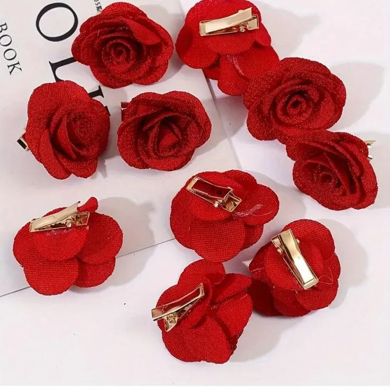 0033 Piezas Pinza para el cabello con flores rojas de tela románticas, accesorios para boda/fiesta de San Valentín, Halloween