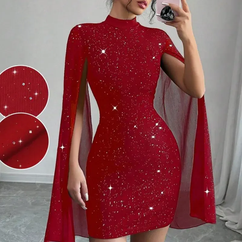 0035 Elenzga Women Simple Fitted Short Casual Mock Neck Flared Sleeve Bodycon Dress For New Year Clothes