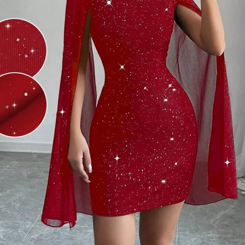 0035 Elenzga Women Simple Fitted Short Casual Mock Neck Flared Sleeve Bodycon Dress For New Year Clothes
