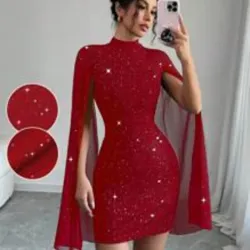0035 Elenzga Women Simple Fitted Short Casual Mock Neck Flared Sleeve Bodycon Dress For New Year Clothes
