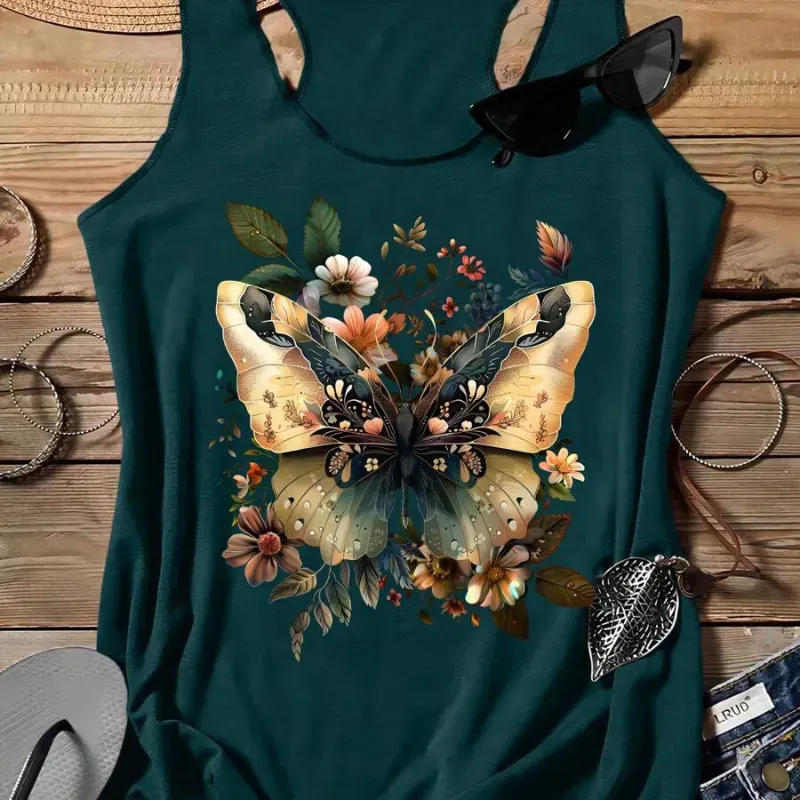 0045 SHEIN LUNE Parte superior de tirantes informal con estampado de mariposas y flores para mujer, para el verano