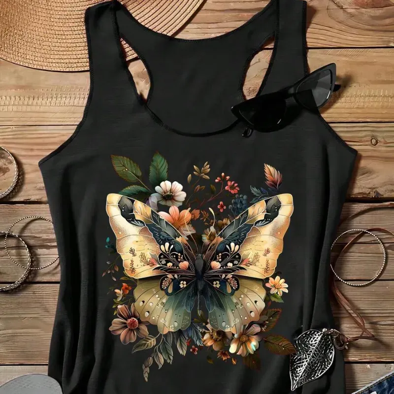 0045 SHEIN LUNE Parte superior de tirantes informal con estampado de mariposas y flores para mujer, para el verano